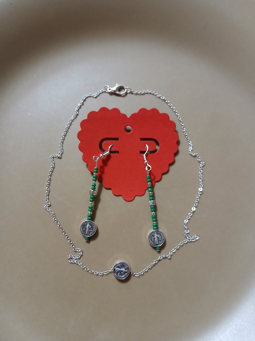 Silver-Tone St. Benedict Green Beaded Coin Necklace and Earrings Set